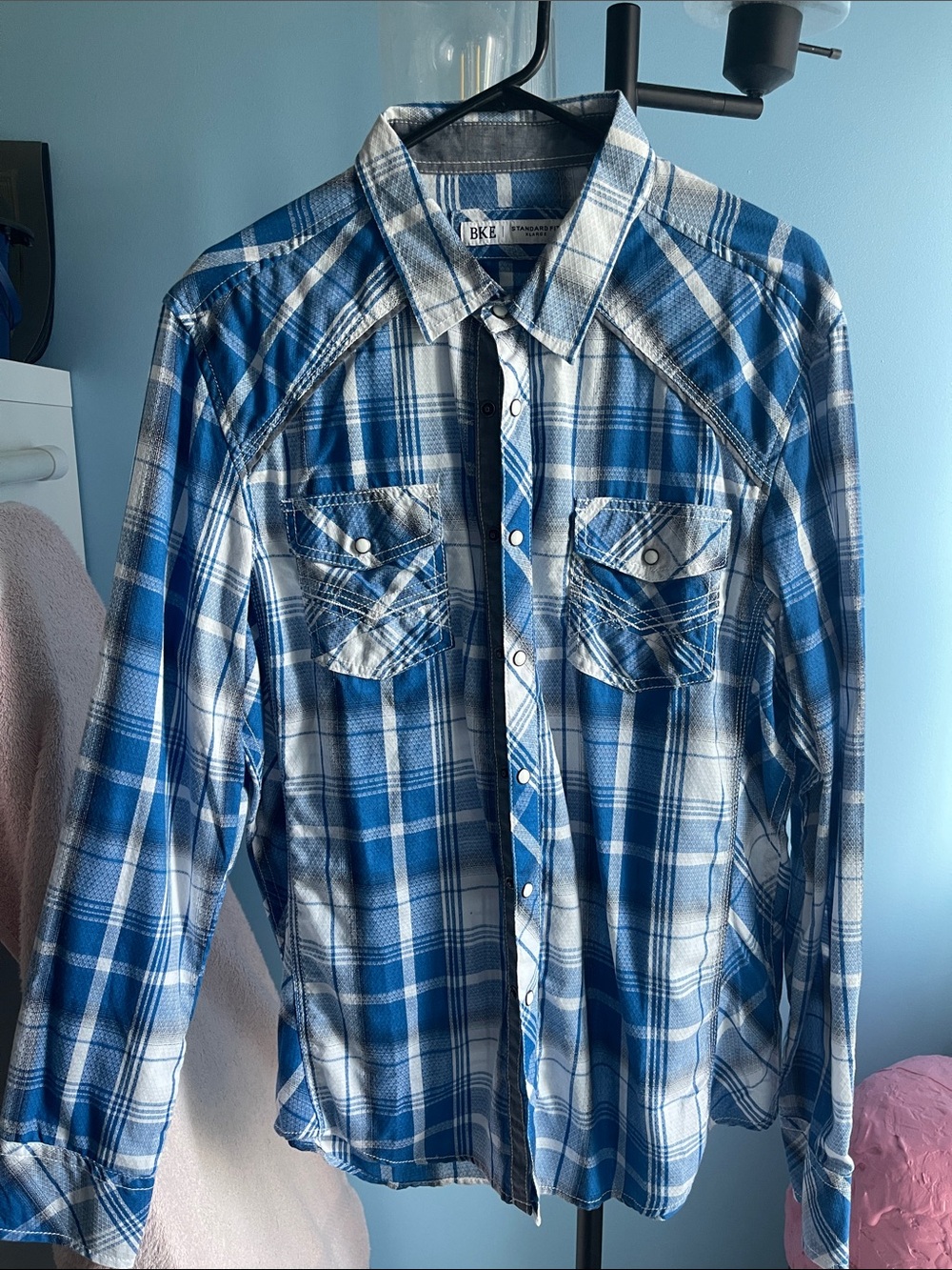 BKE Blue and White Plaid Men's Button-Down Shirt